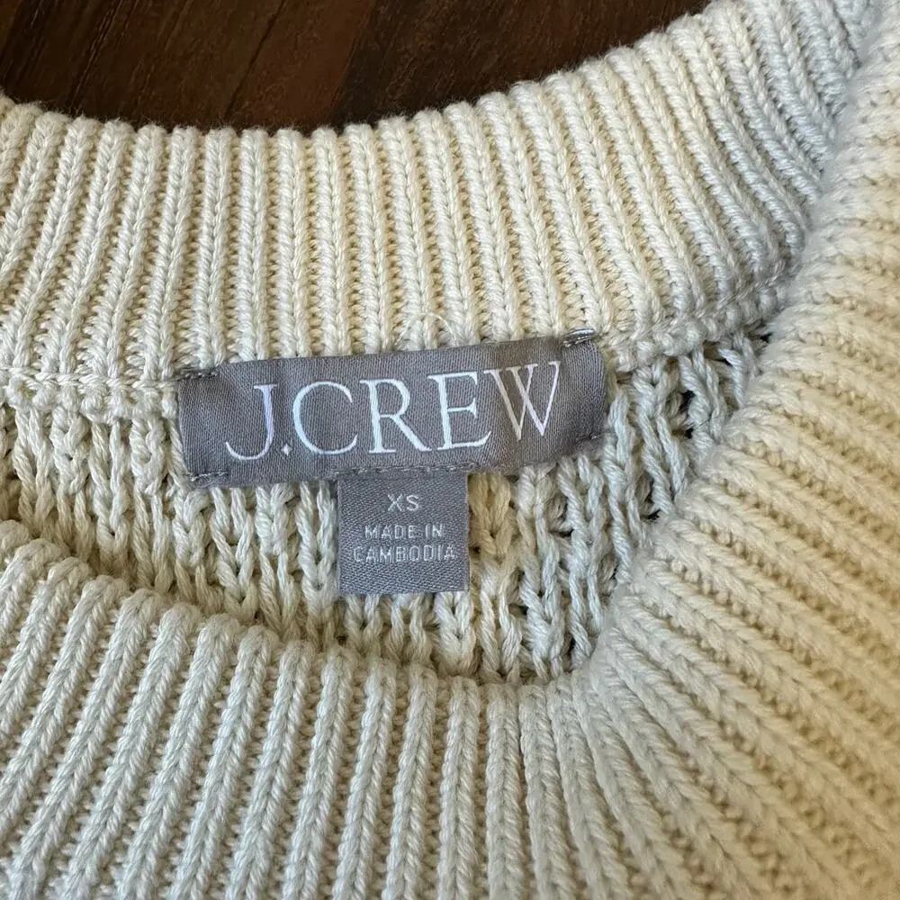 J.CREW Sweater Cream Crew Neck Pullover Cotton Cable Knit Fisherman